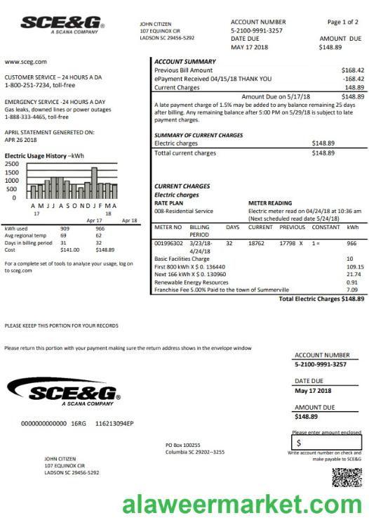 USA South Carolina SCE&G electricity utility bill template in Word and PDF format